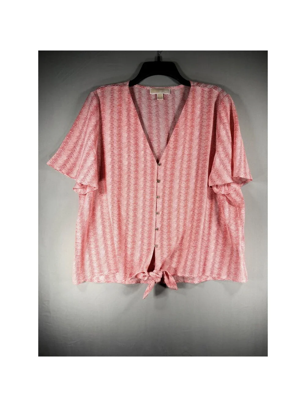 Michael Kors Red White Wavy Stripe Tie Front Button Blouse Top Womens XL